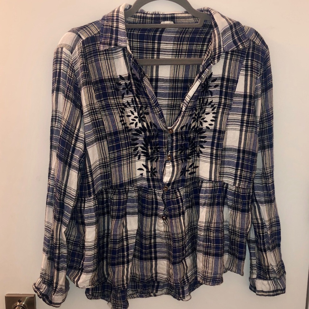 Flannel Peplum Shirt with Stitched Details